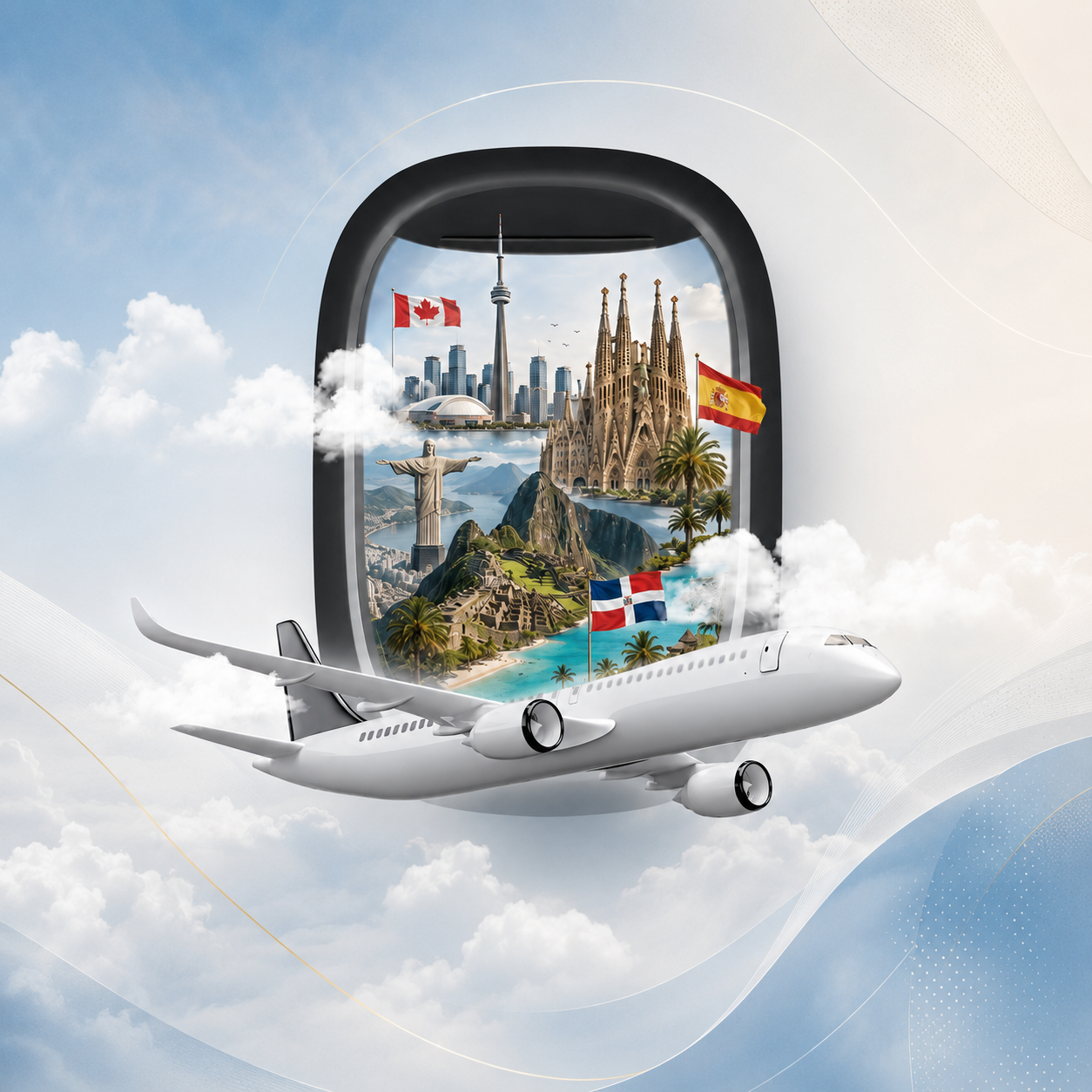 Airplane window revealing global destinations and landmarks