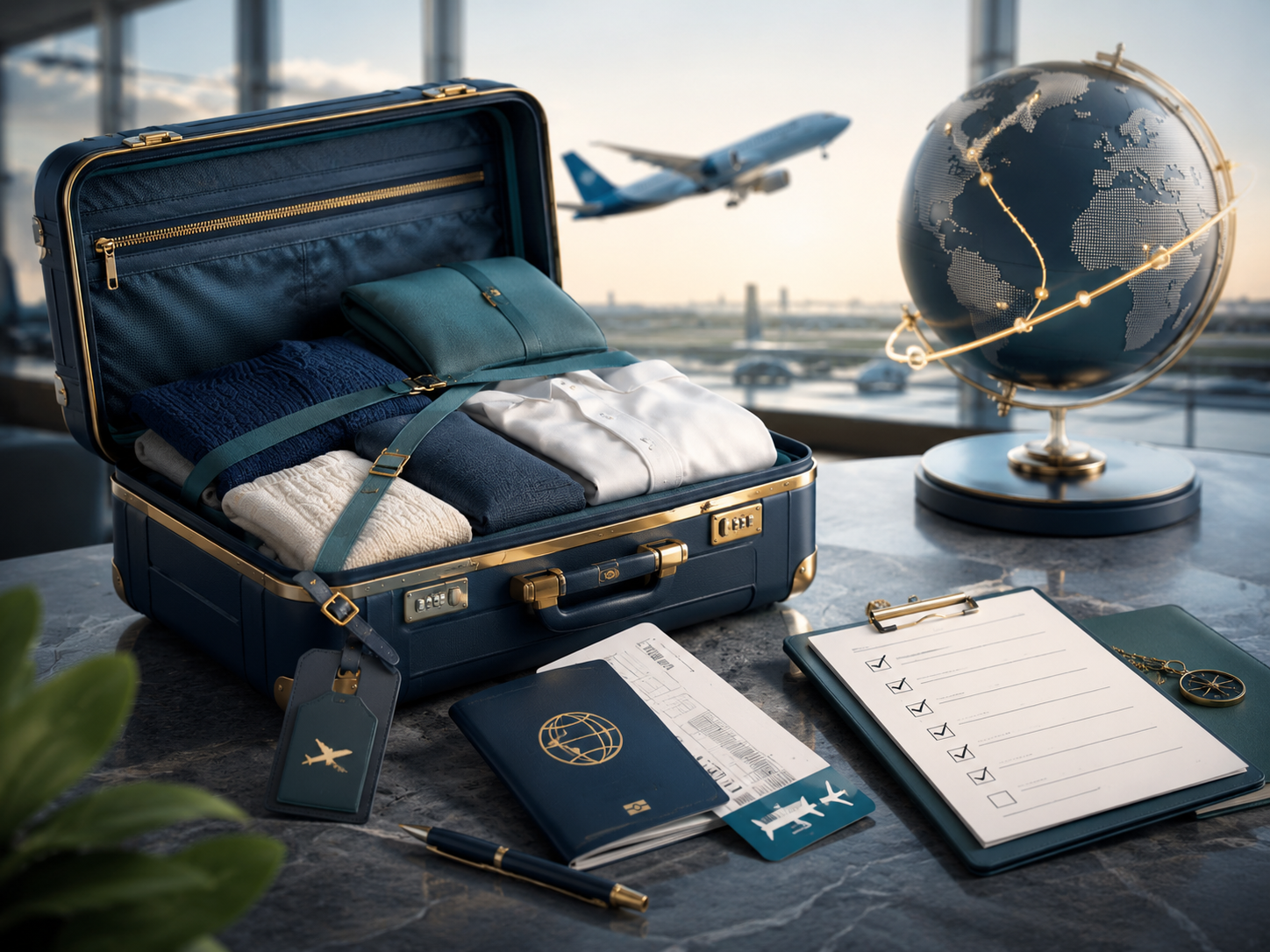 Pre-departure travel checklist with suitcase and passport