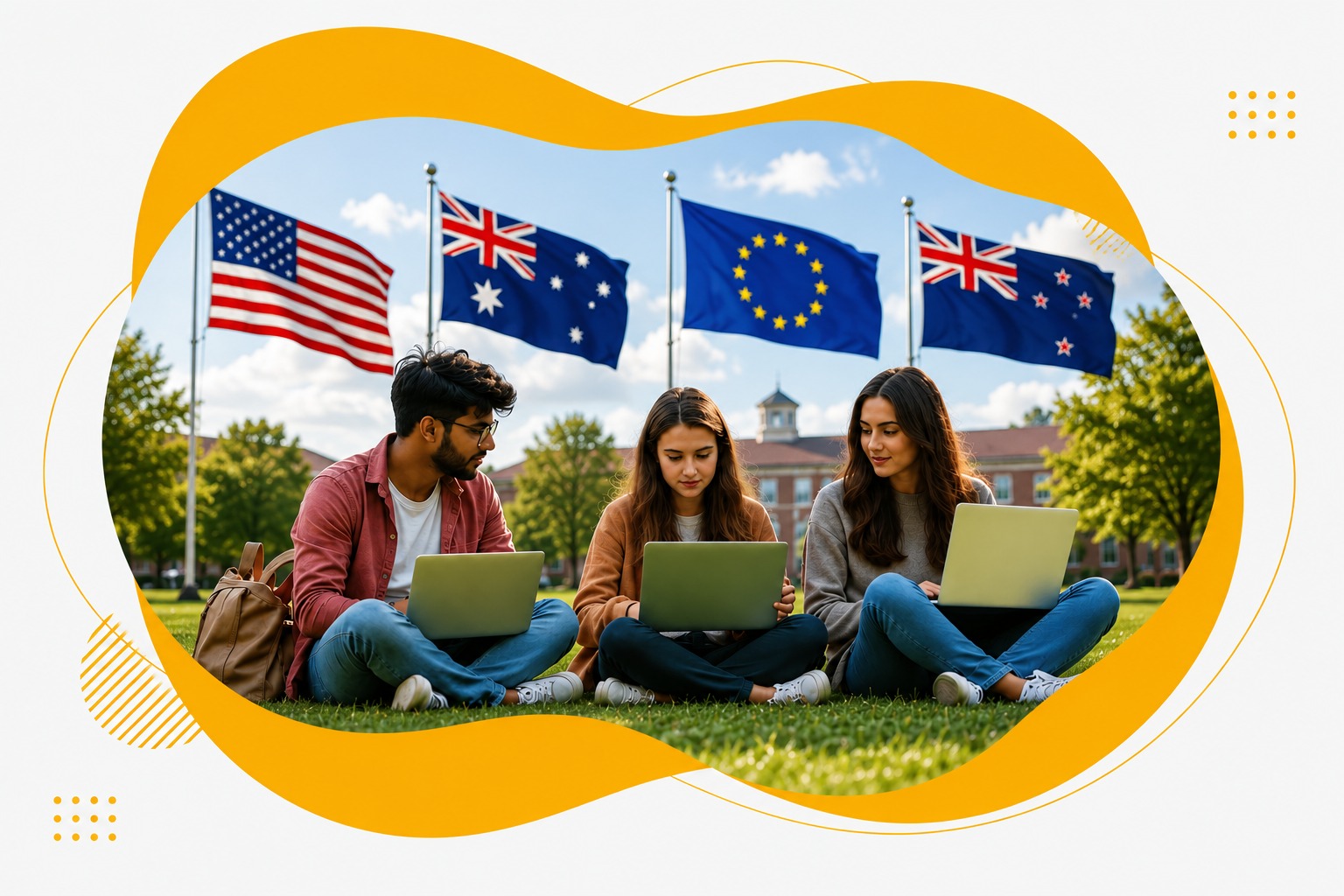 Students studying abroad with USA, Australia, Europe and New Zealand flags